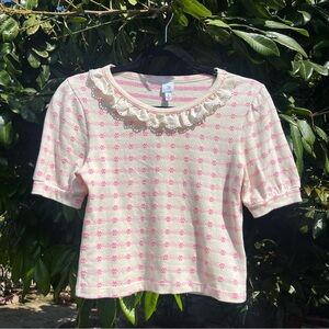 COURTYARD LA ivory cotton blend short puff sleeve eyelet lace collar sweater